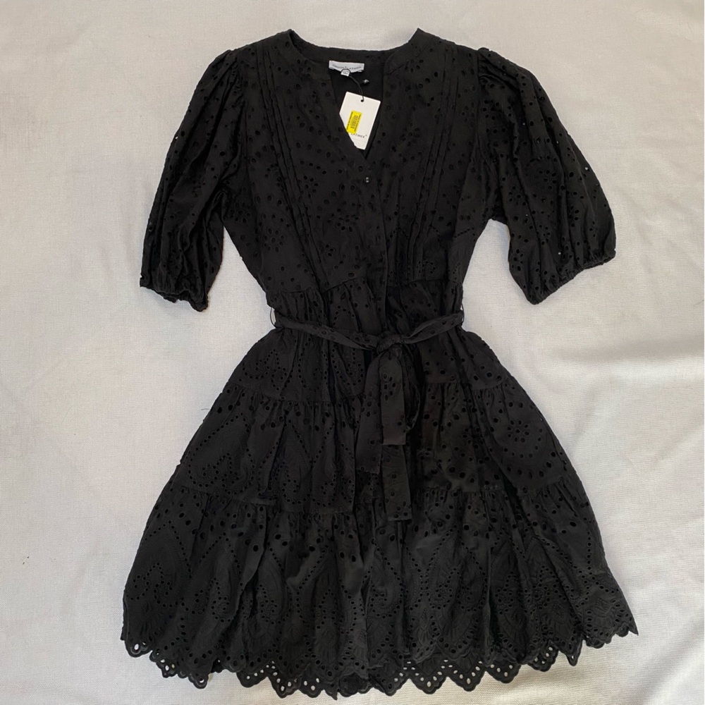NWT Gibson Latimer Eyelet Button Up Dress Black Tiered Puff Sleeve Mini Belted